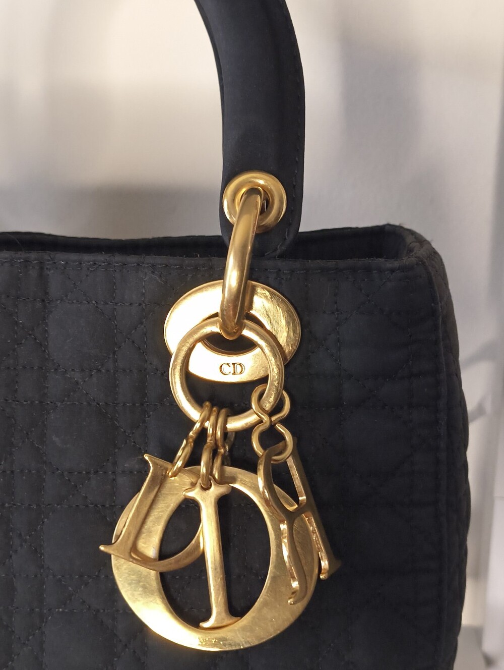 Christian Dior Lady Dior Black Embroidered Cannage Handbag With Twilly In GUC - Picture 8 of 15
